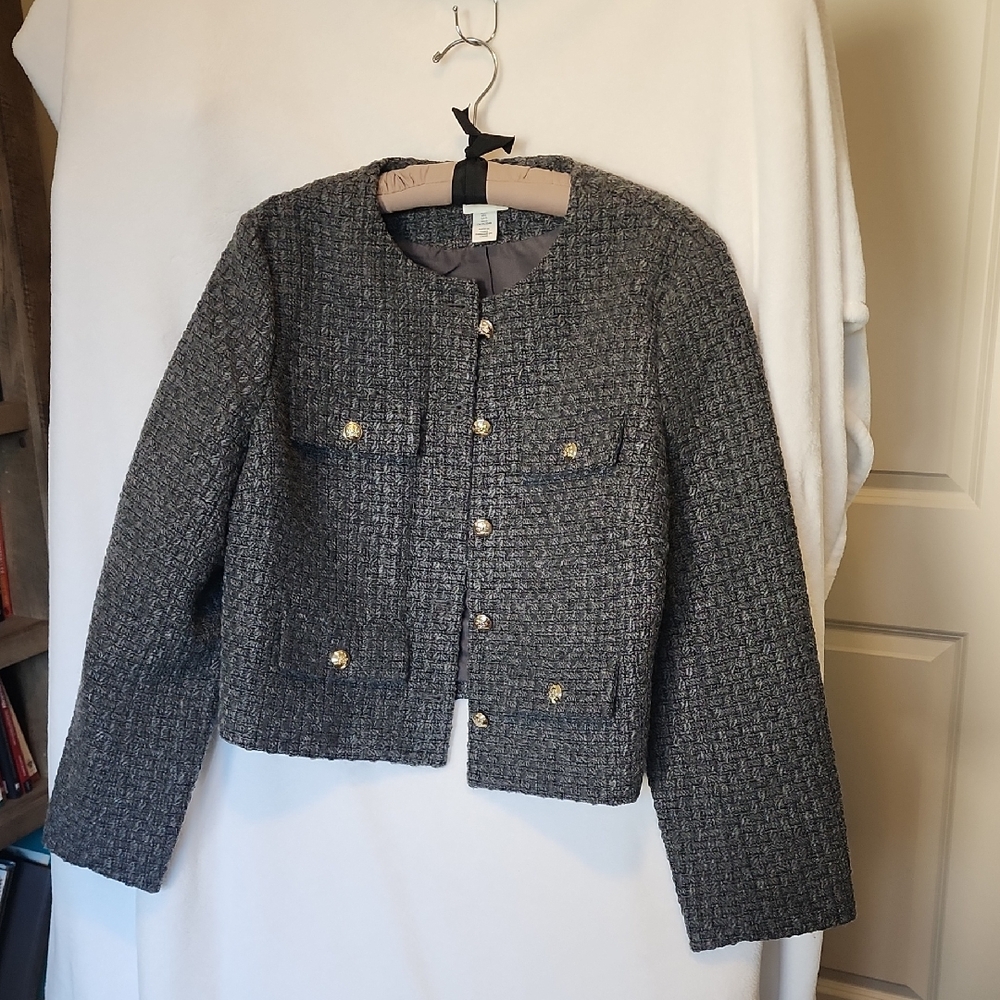 H&M Gray Tweed Blazer with Gold Buttons